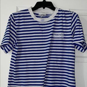 Ganni Navy and White Striped Tee